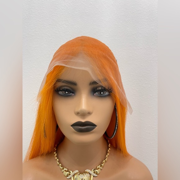 24” Orange Straight Human Hair, Transparent Lace Front Wig - Picture 9 of 12